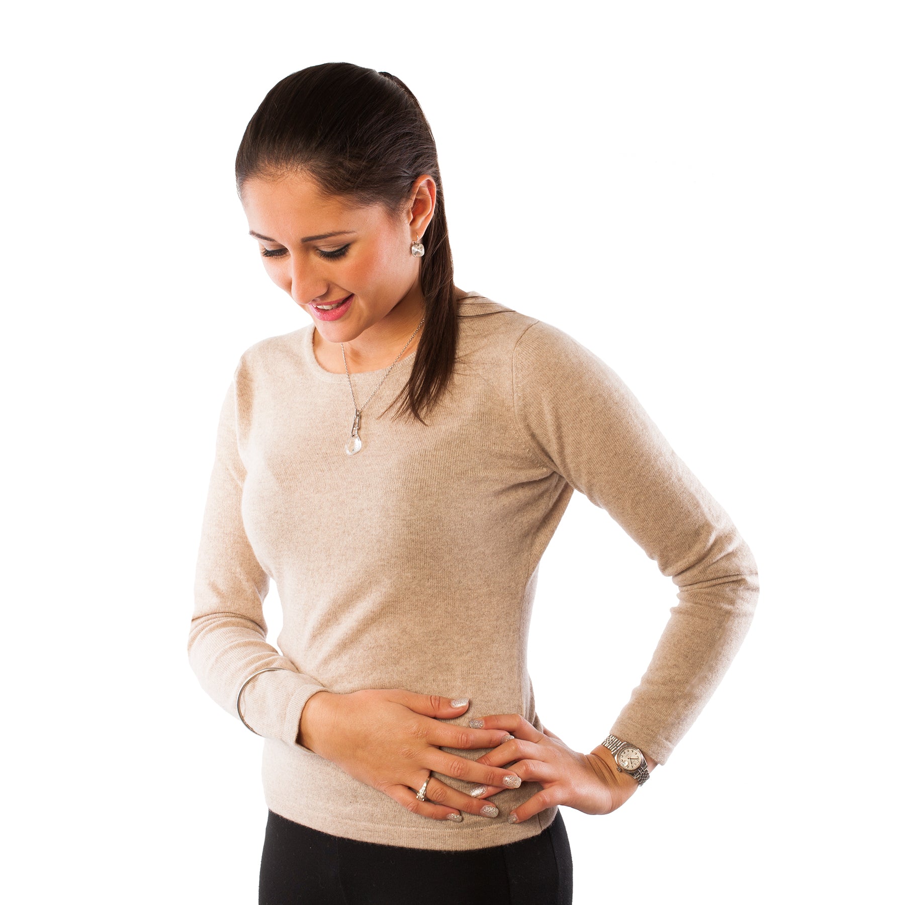 100% Cashmere Ladies Fashion Crew Neck Sand Beige