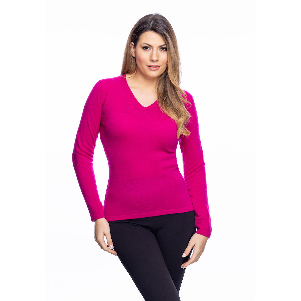 100% Cashmere Women's Fashion V Neck Fuchsia