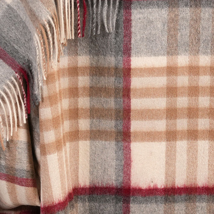 100% Pure Lambswool Blanket Throw – Luxury Soft Warm Wool Blanket - Home Décor - CHEQUER TARTAN CAMEL AND GREY