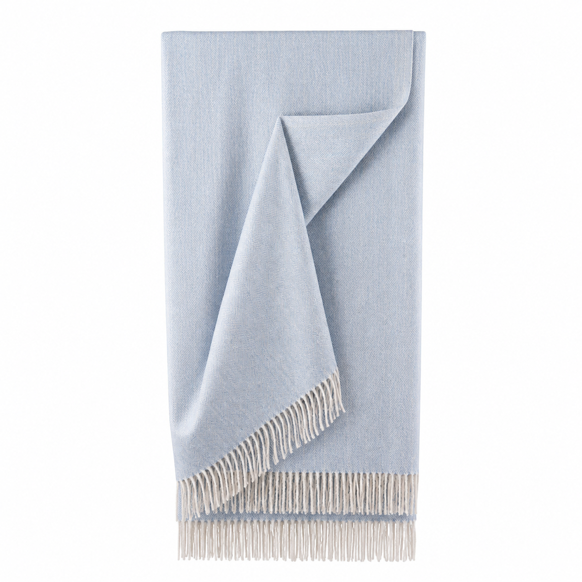 Recycled Wool Herringbone Blanket with Fringe - Soft Warm Throw - CORNFLOWER