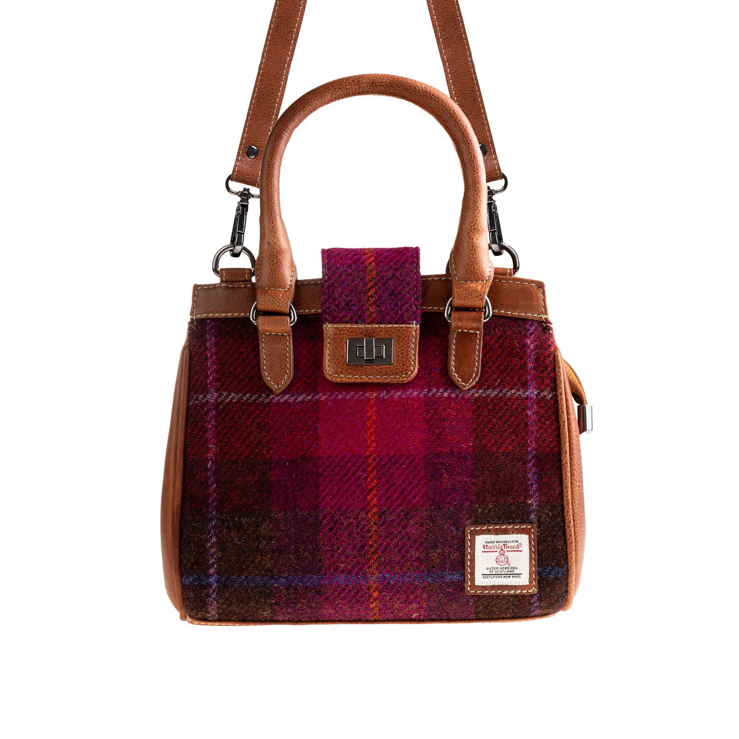Ht Leather Hand Bag With Flap Closer Cerise Check / Tan