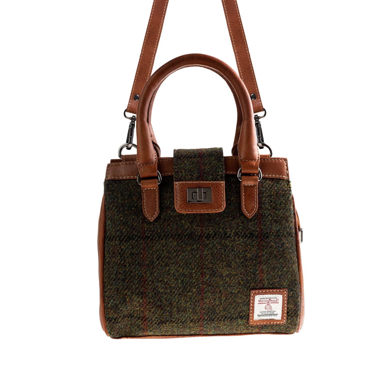 Ht Leather Hand Bag With Flap Closer Dark Green Check / Tan