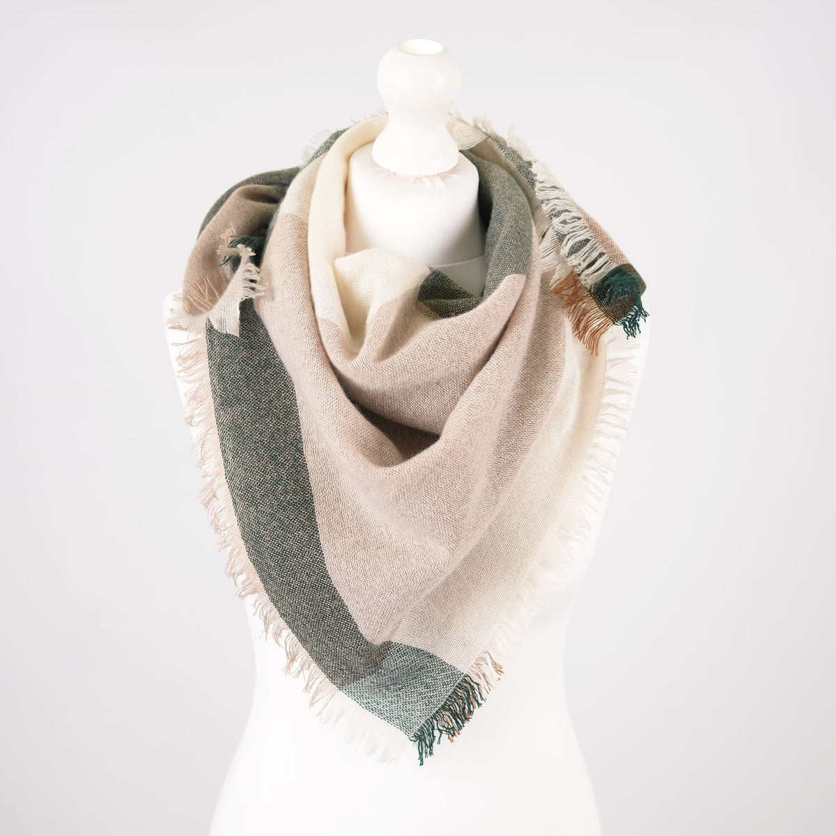 Earthy Block 100% Cashmere Square Scarf - FOREST GREEN