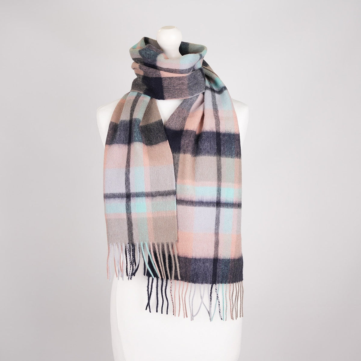 Edinburgh 100% Lambswool Scarf – Premium Soft Wool Wrap - Myriad Check - Navy/Greige/Light Blue
