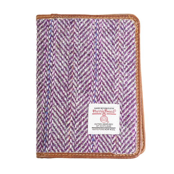 Harris Tweed Leather Passport Cover Plum Herringbone / Tan