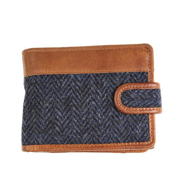Mens Ht Leather Wallet With Loop Closer Navy Blue Herringbone / Tan
