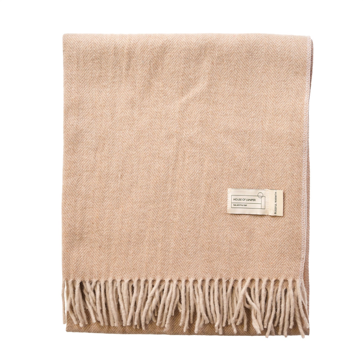 Recycled Wool Herringbone Knee Blanket – Pastel Fringed Throw - SAND BEIGE/NATURAL
