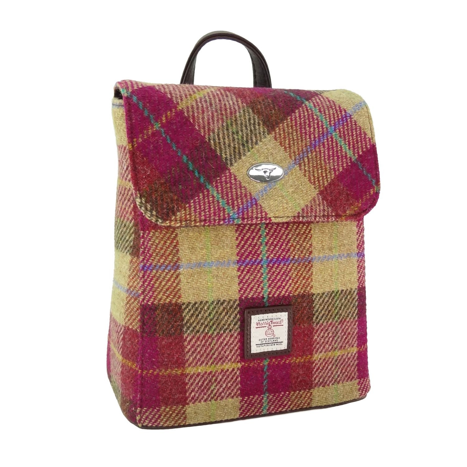 Harris Tweed Tummel Mini Backpack - Small Backpack with Phone Pocket - Burgundy & Sand Tartan (COL159)