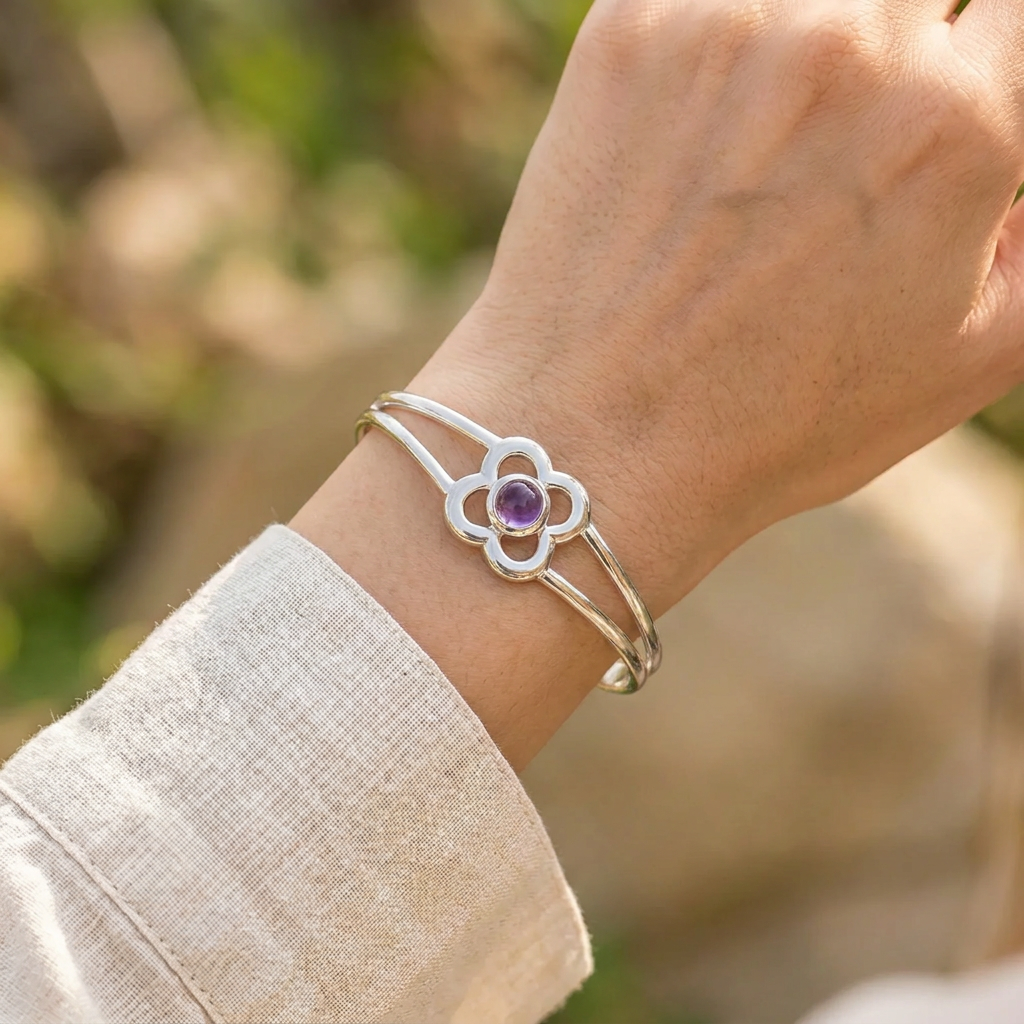 Art Pewter Birthstone Bangle - Silver Plated Pewter - Made in Scotland - February (Amethyst)