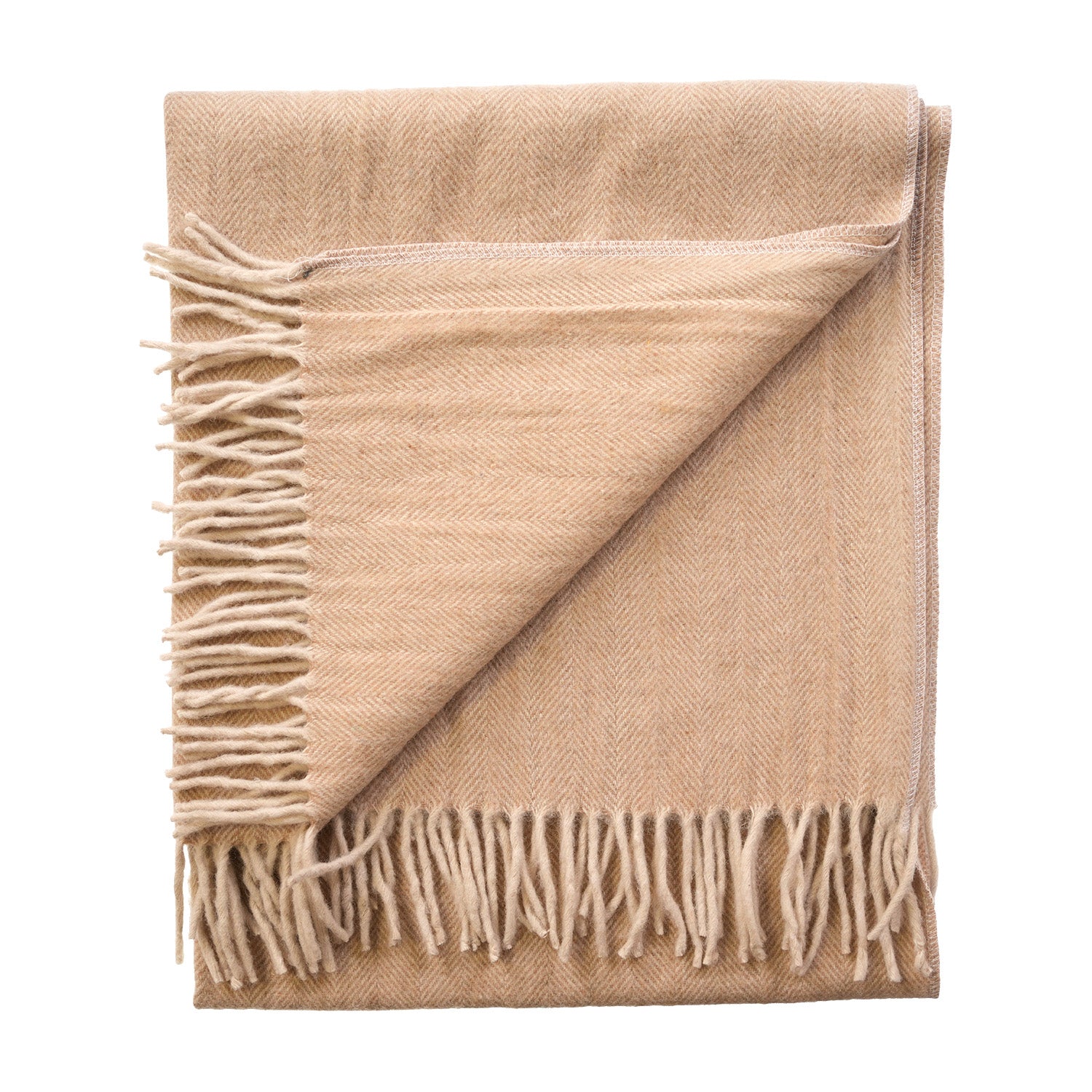 Recycled Wool Herringbone Knee Blanket – Pastel Fringed Throw - SAND BEIGE/NATURAL