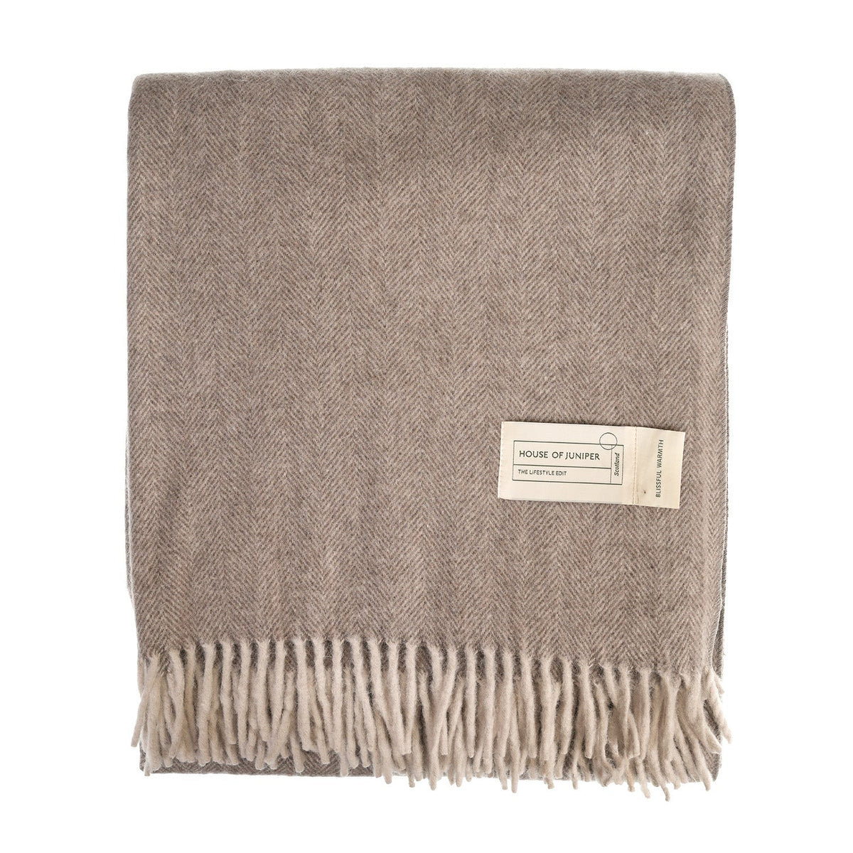 Recycled Wool Herringbone Blanket with Fringe - Soft Warm Throw - TAUPE