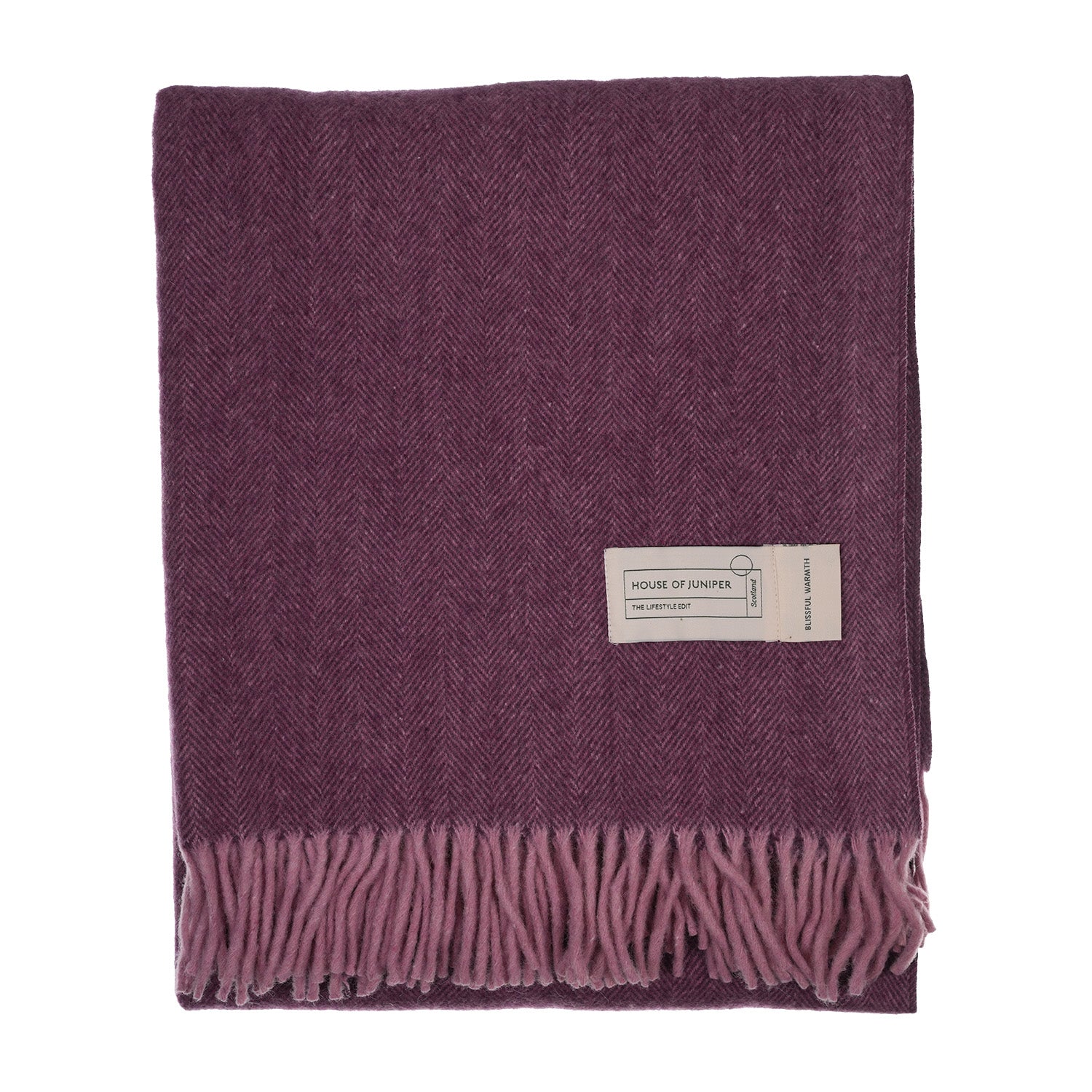 Recycled Wool Herringbone Blanket with Fringe - Soft Warm Throw - GRAPE