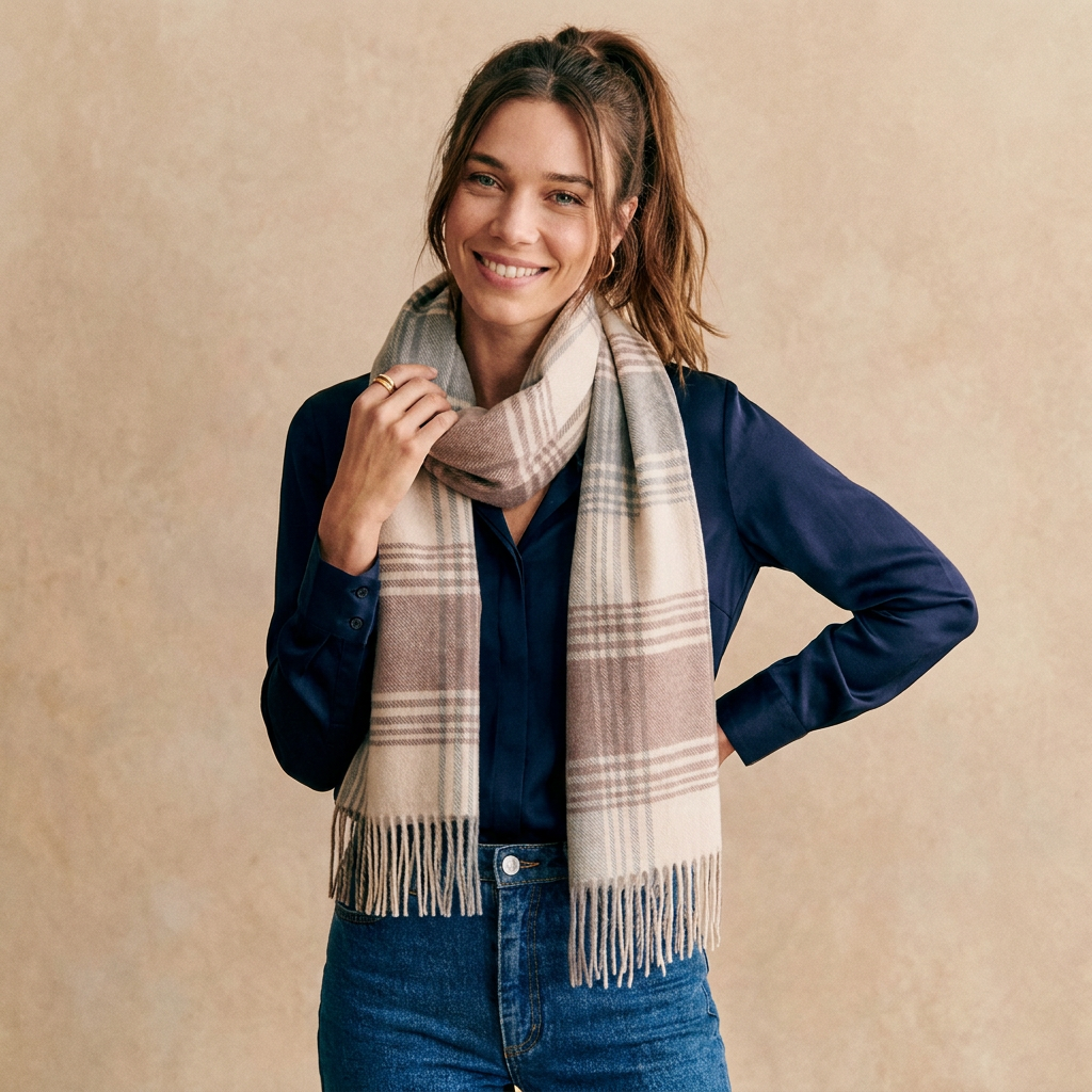 Edinburgh Cashmere Premium Lightweight Scarf - Ultra-Soft Luxury Wrap - Broken Check - Latte