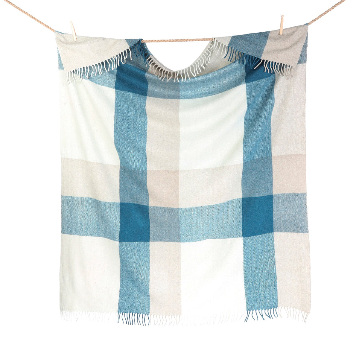 The Cosy Check – Recycled Wool Block-Check Herringbone Blanket - NATURAL TEAL