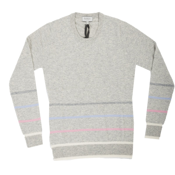 100% Cashmere Ladies Stripe Crew Sweater Lt Grey Mix