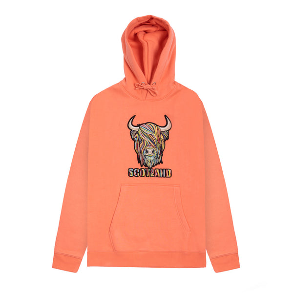 Colourful Highland Cow Embroidered Hood Pastel Red