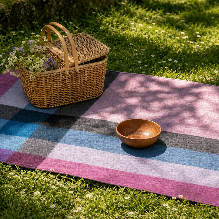 Woodside Check Foldaway Picnic Blanket with Carry Strap – Recycled Wool - PURPLE
