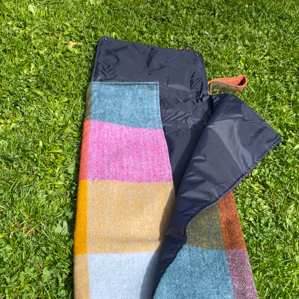 Woodside Check Foldaway Picnic Blanket with Carry Strap – Recycled Wool - BRIGHT