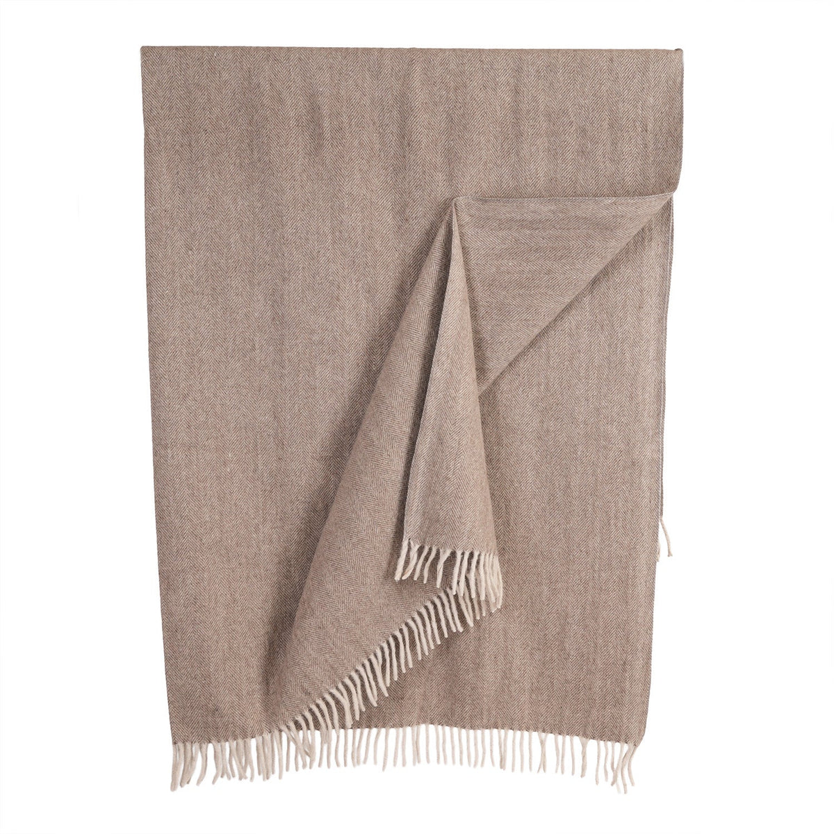 Recycled Wool Herringbone Blanket with Fringe - Soft Warm Throw - TAUPE