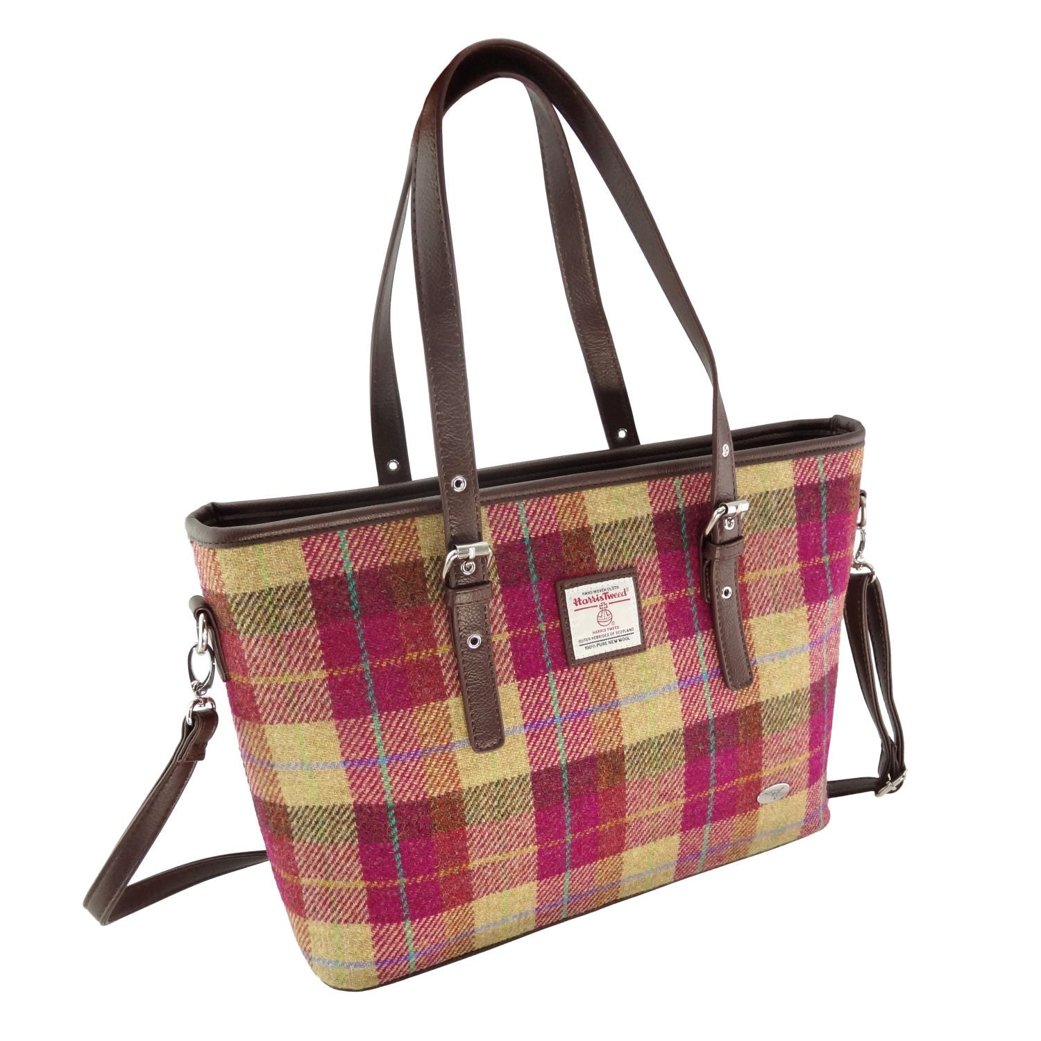 Harris Tweed Spey Tote Bag - Large Adjustable Shoulder Tote - Burgundy & Sand Tartan (COL159)