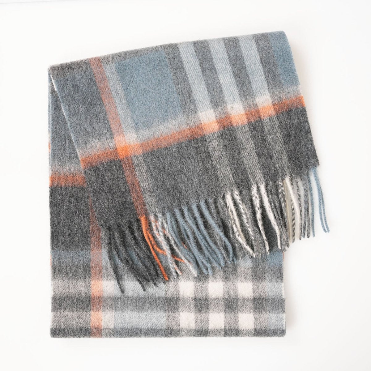 Edinburgh 100% Lambswool Scarf – Premium Soft Wool Wrap - CHEQUER ORANGE GREY L BLUE (24534)