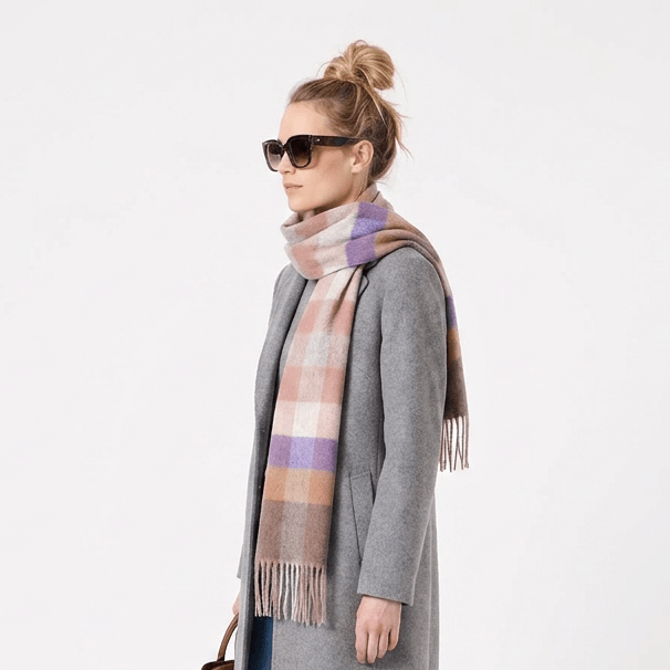 Edinburgh 100% Lambswool Scarf – Premium Soft Wool Wrap - GIANT CHEQUER DARK PINK AND PURPLE 2468