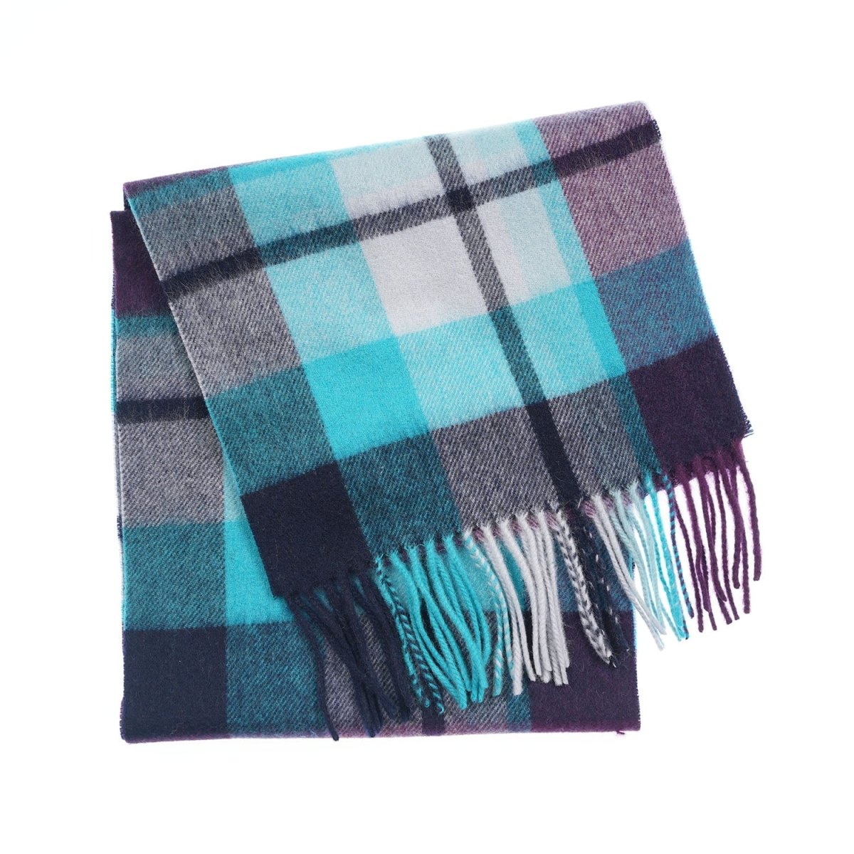 Edinburgh 100% Lambswool Tartan Scarf Myriad Check - Aqua/Navy/Bordeaux