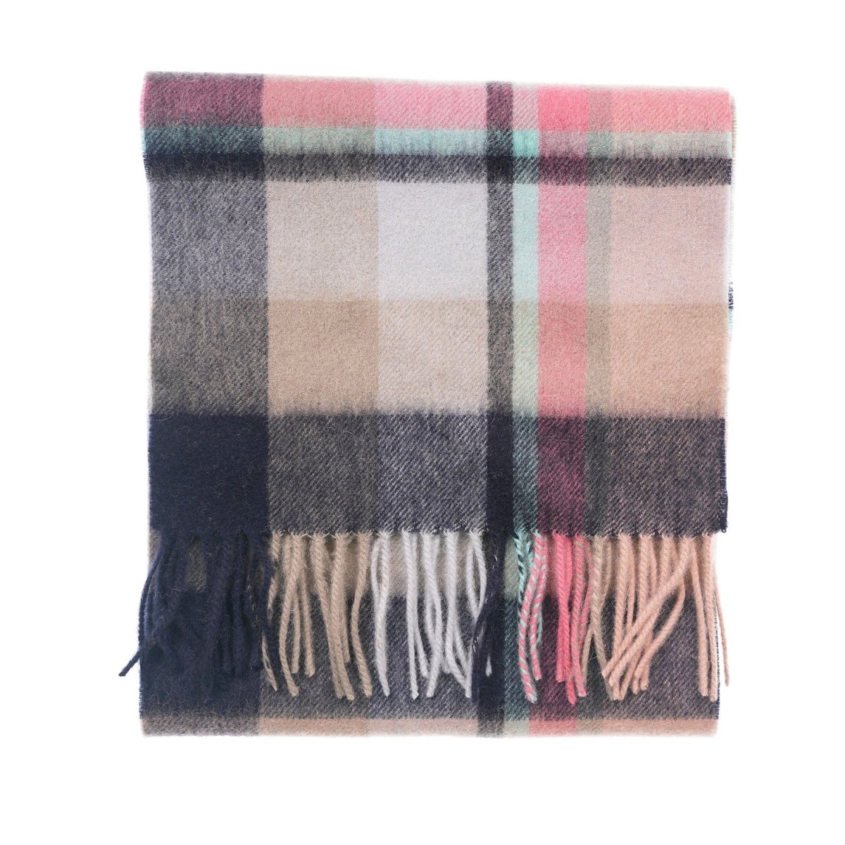 Edinburgh 100% Lambswool Tartan Scarf Myriad Check - Navy/Peony/Aqua