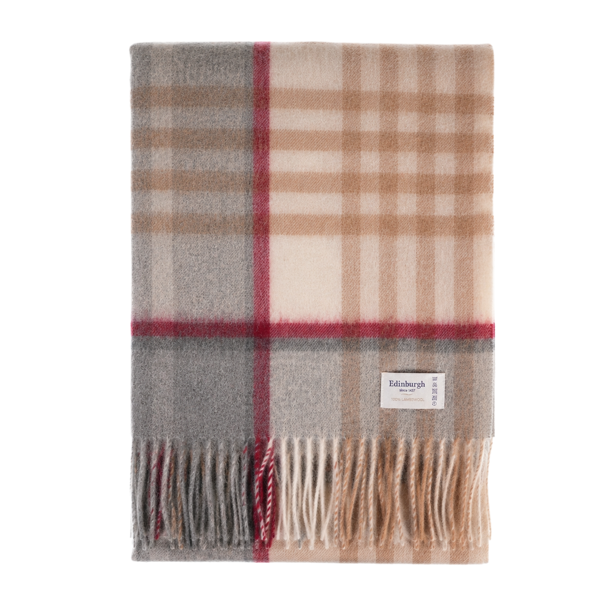 100% Pure Lambswool Blanket Throw – Luxury Soft Warm Wool Blanket - Home Décor - CHEQUER TARTAN CAMEL AND GREY