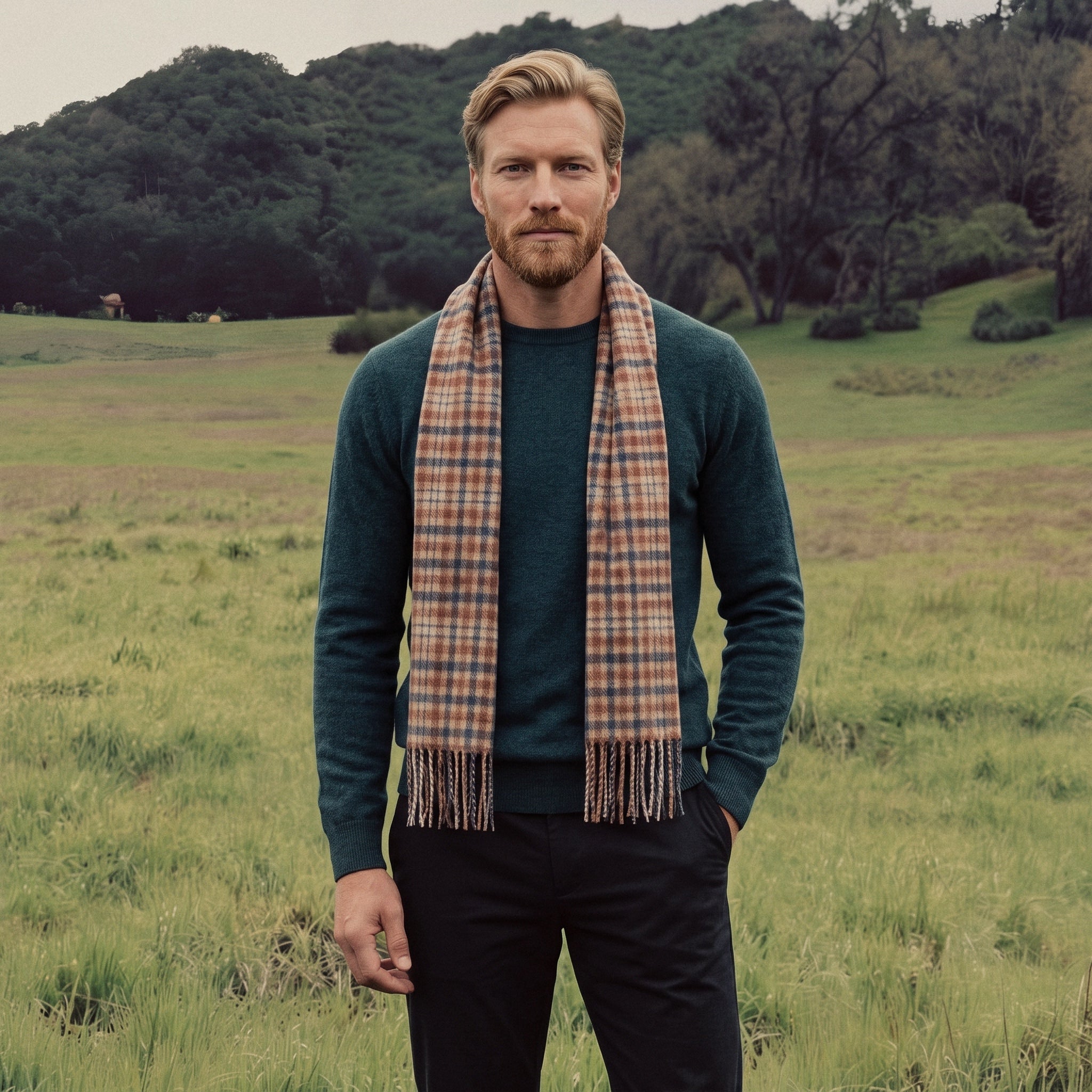 Edinburgh Cashmere Premium Lightweight Scarf - Ultra-Soft Luxury Wrap - GINGHAM TWEED CHECK TAN