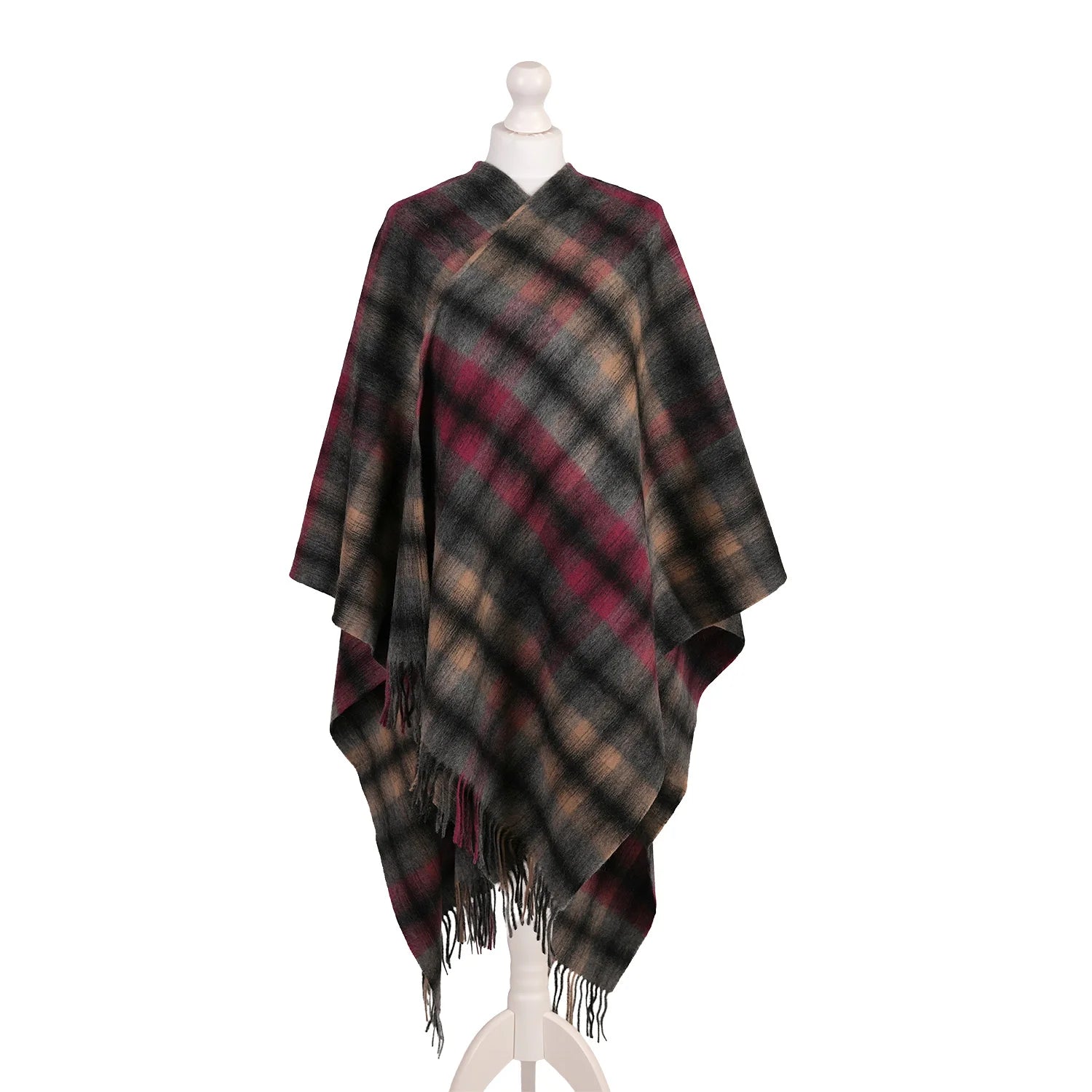 Edinburgh Lambswool Long Tartan Cape Graded Block Check - Dress Black