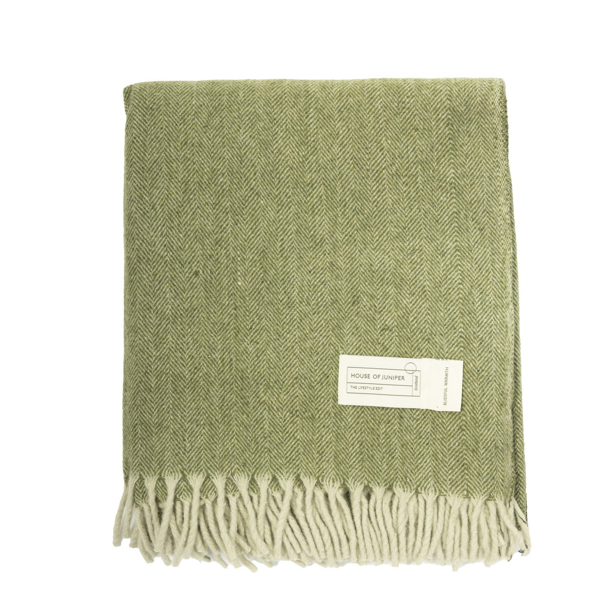 Recycled Wool Herringbone Blanket with Fringe - Soft Warm Throw - GREEN