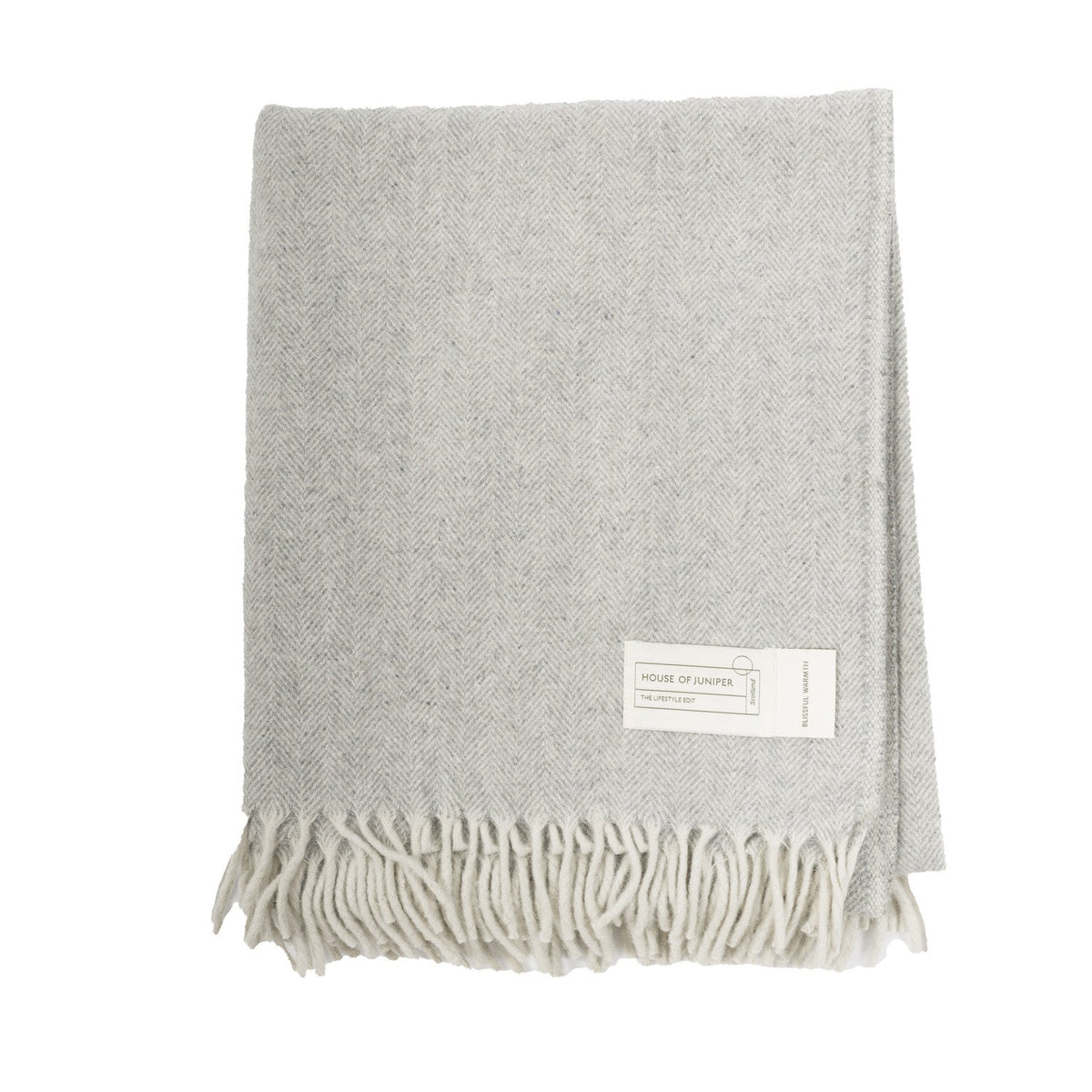 Recycled Wool Herringbone Blanket with Fringe - Soft Warm Throw - OYSTER GREY