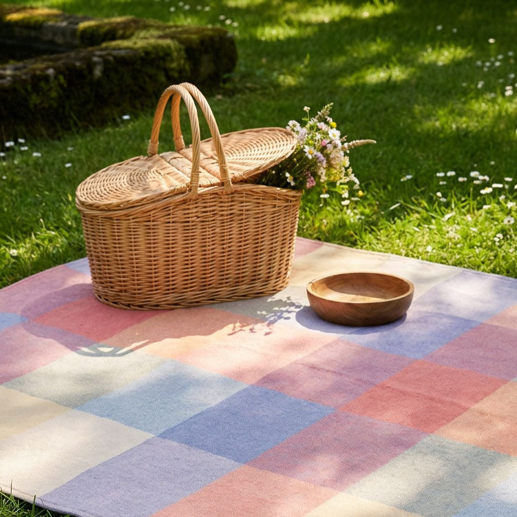 Woodside Check Foldaway Picnic Blanket with Carry Strap – Recycled Wool - PASTEL
