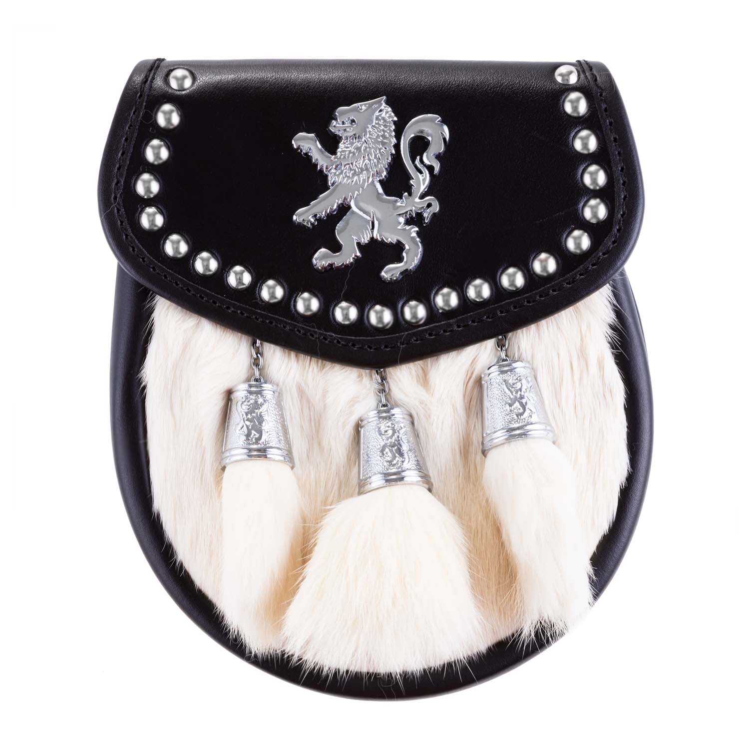 H/D Lion Rampant Studs Sporran Rabbit Fur (White)