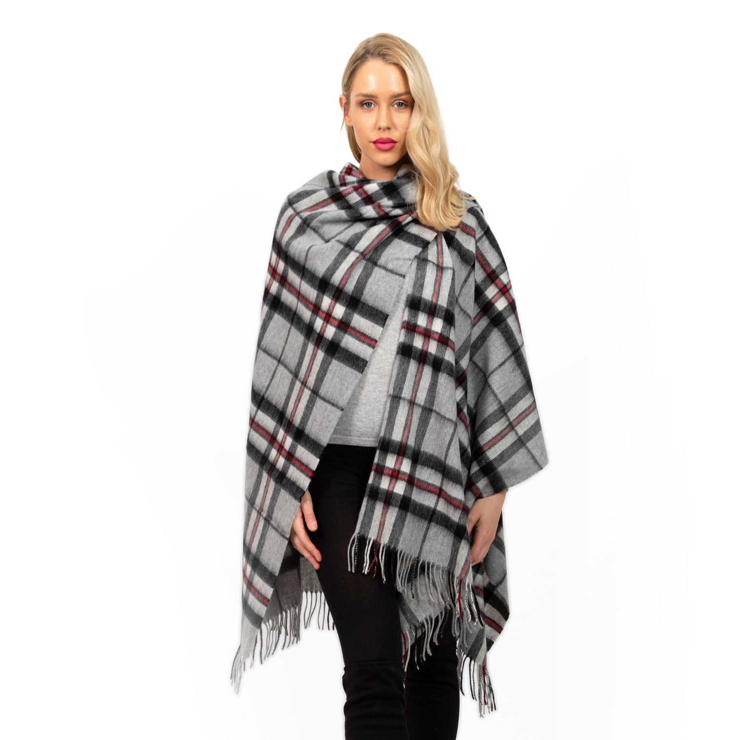 Edinburgh Lambswool Long Tartan Cape Thomson Grey