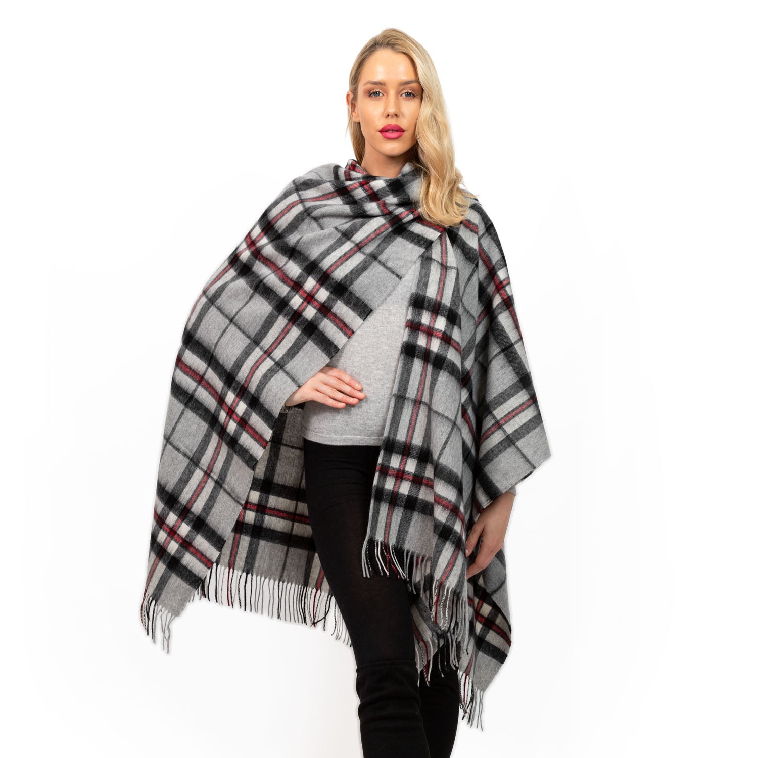 Edinburgh Lambswool Long Tartan Cape Thomson Grey