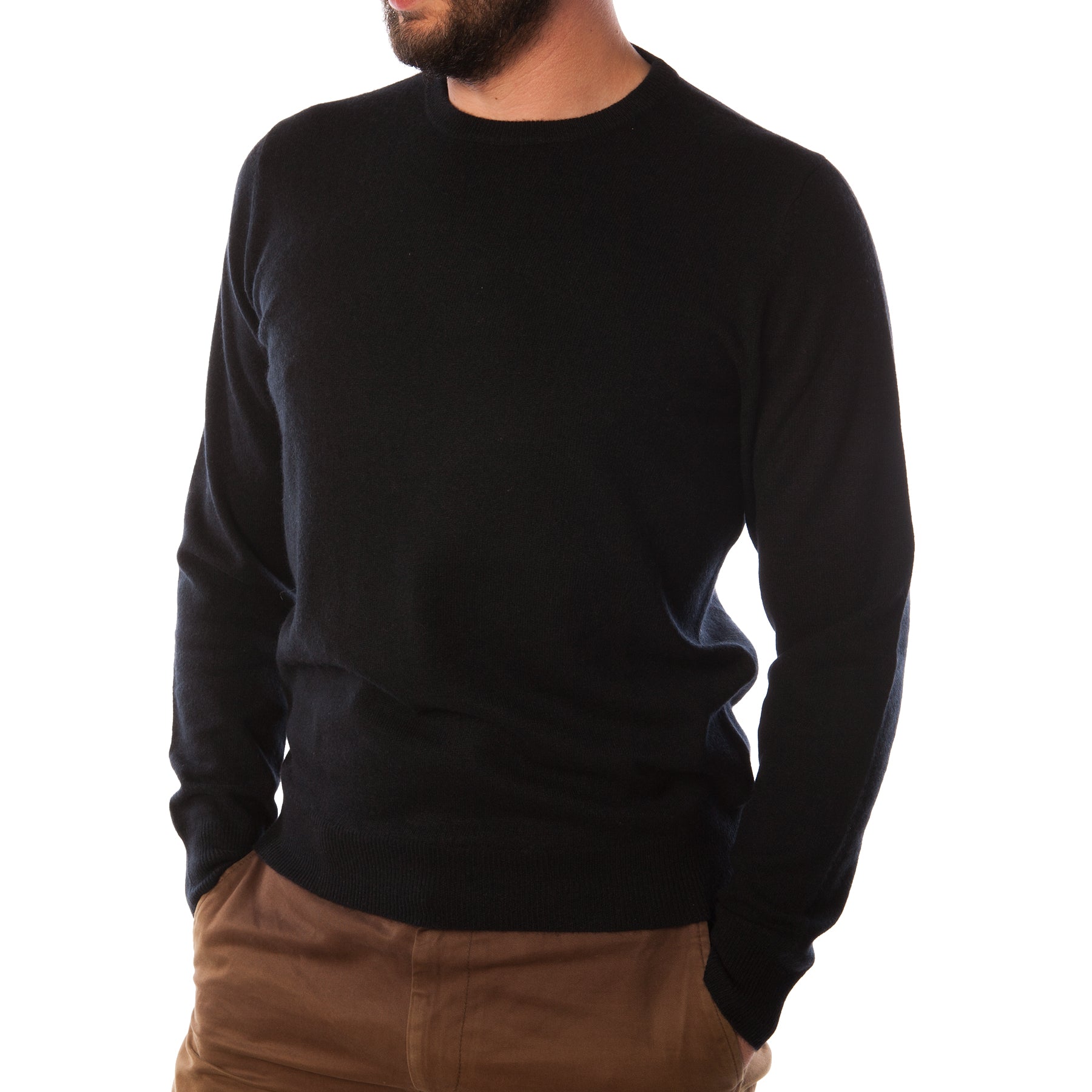 100% Cashmere Gents Crew-Neck Plain Jumper Black