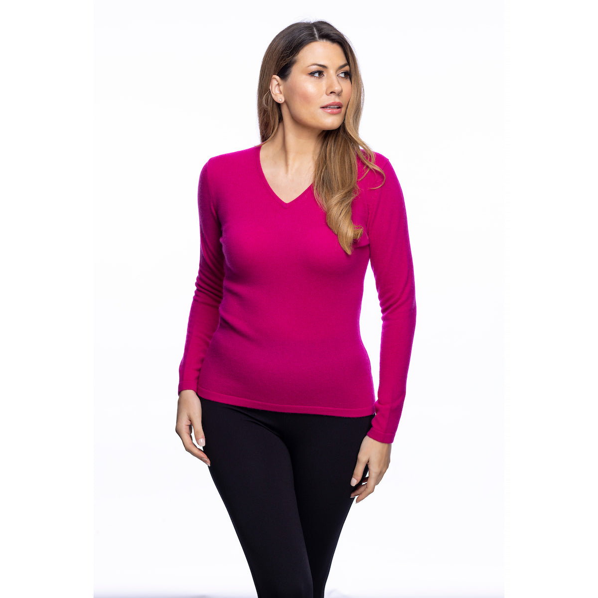 100% Cashmere Women's Fashion V Neck Fuchsia