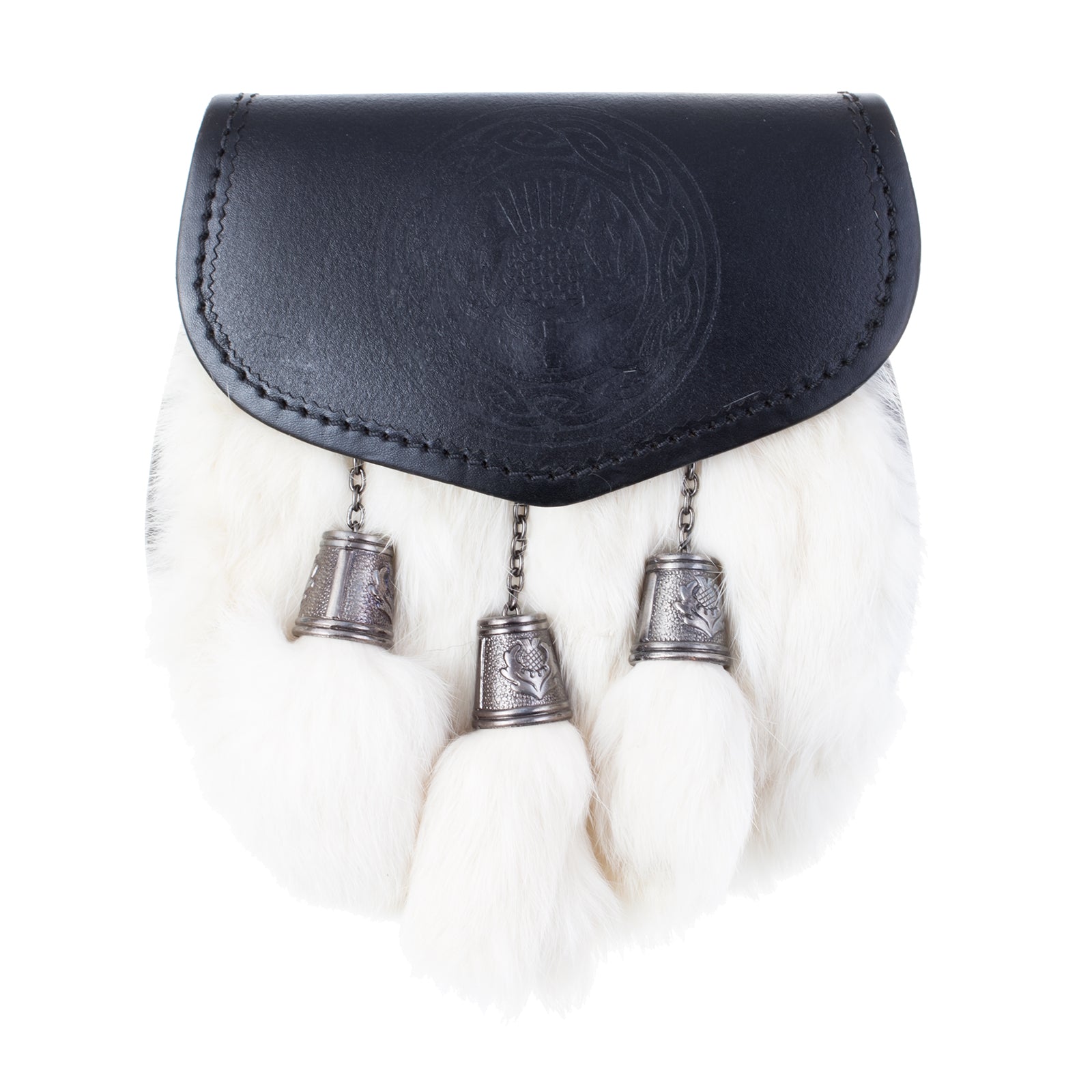 Half Dress Sporran Embossed Thistle With Celtic Circle, Antique Rabbit Fur (White) / Antique Finish