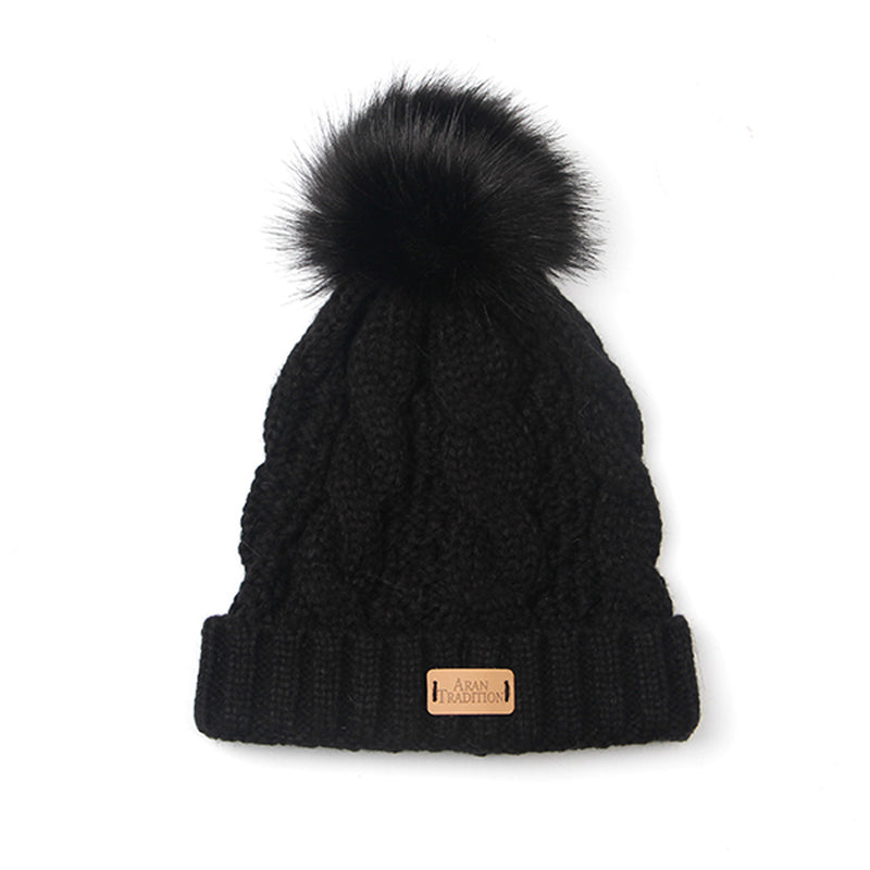 Aran Hat With Faux Fur Bobble