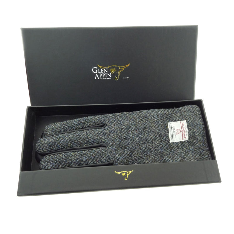 Gents Boxed Black Leather & Ht Gloves Charcoal Herringbone
