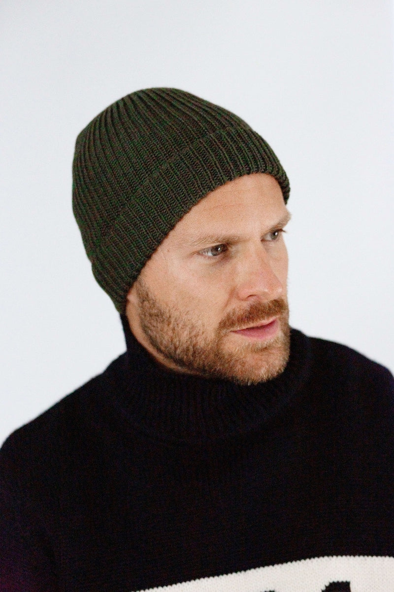Men's Peregrine Porter Ribbed Beanie Hat Wool Made In England Olive